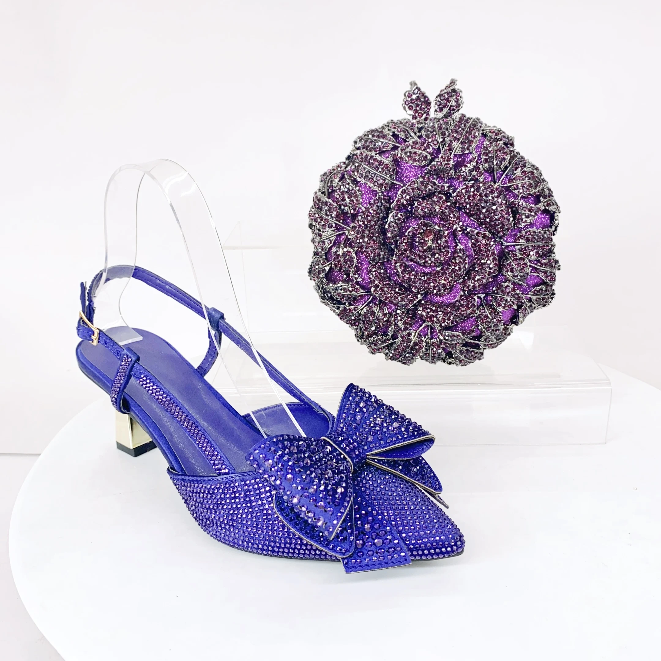 

LNATISNOVA Women Bow Green Party Gems Shoe and Bag Set Women Pointed-Toe Rhinestone High Heels Sandals African Ladies Shoes Bag