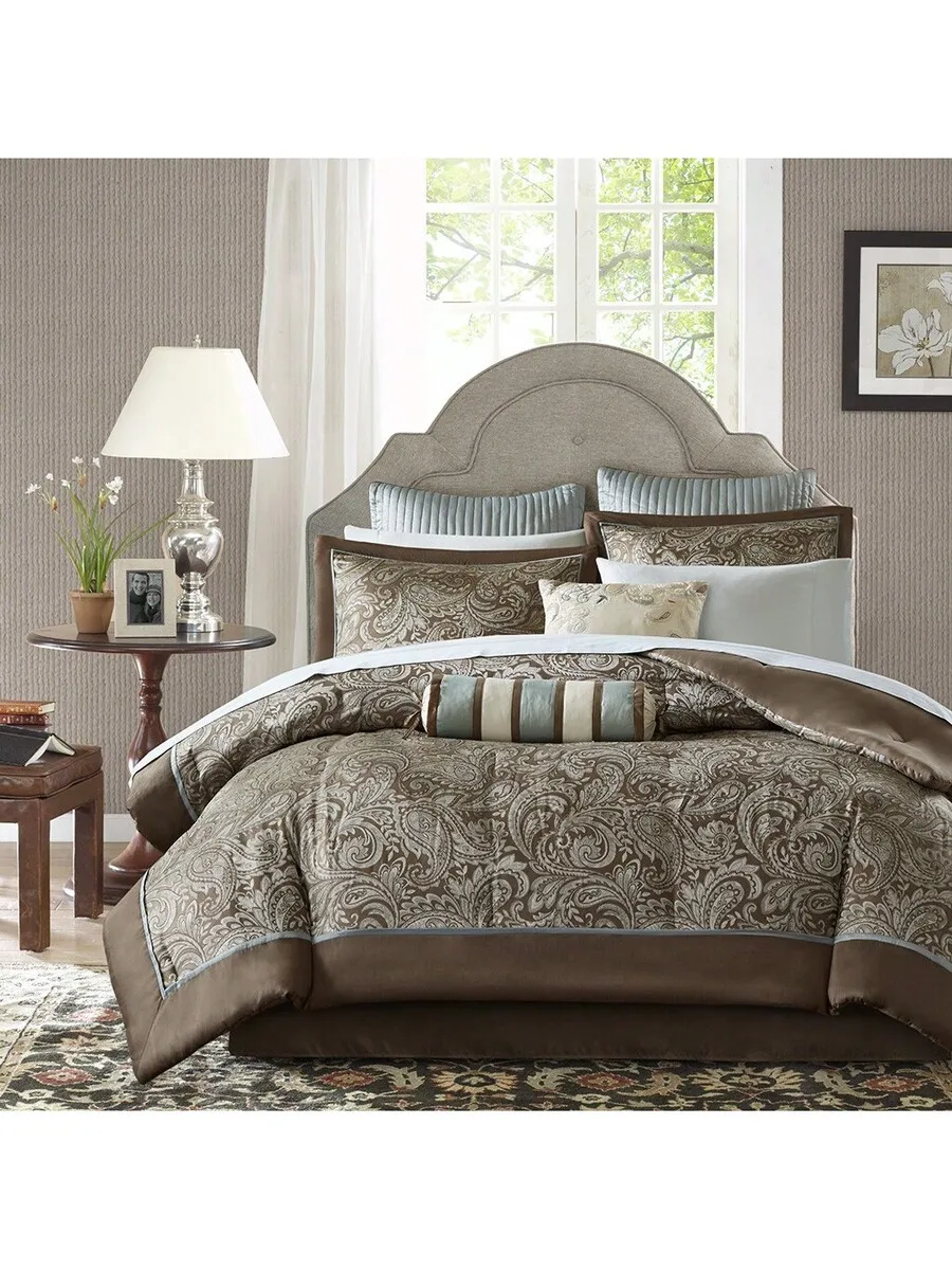 

12pcs Cozy Comforter Set Faux Silk Jacquard Paisley All Season Down Alternative Bedding With Sheets Skirt Toss Pillows