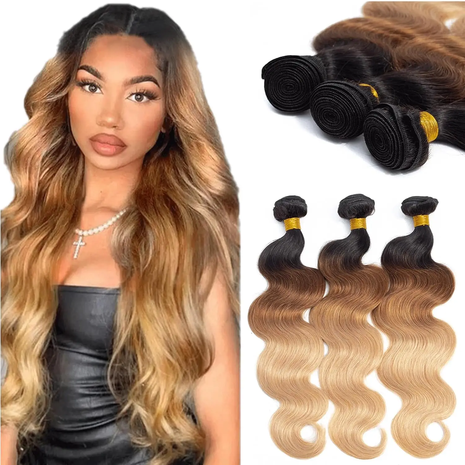 

Brazilian Body Wave Hair Weave Bundles Ombre Colored 100% Human Hair Extension Wavy 1b/4/27 Blonde Remy Hair Weaving