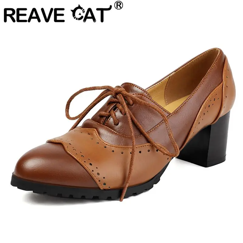 

REAVE CAT Vintage Female Pumps Round Toe Block Heels 5.5cm Lace Up Mixed Color Plus Size 42 43 Leisure Daily Women Shoes