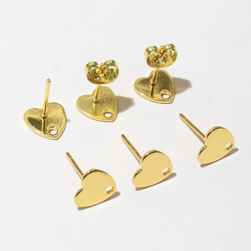 20pcs 8mm Heart 316 Stainless Steel Gold Plated Pin Findings Stud Earring With Hole Connector For DIY Jewelry Making Supplies