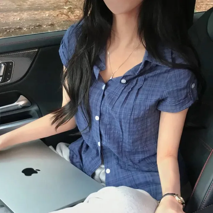 

2026 Spring Summer Korean Style Women's Shirt Short Sleeve Plaid Turn-up Collar Button up Top Fashionable Elegant