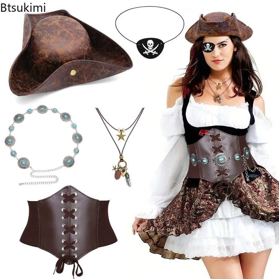 Pirate Costume Props Vintage Headscarf Metal Waist Chain Belt Waist Seal Stage Performance Halloween Carnival Cosplay Accessorie