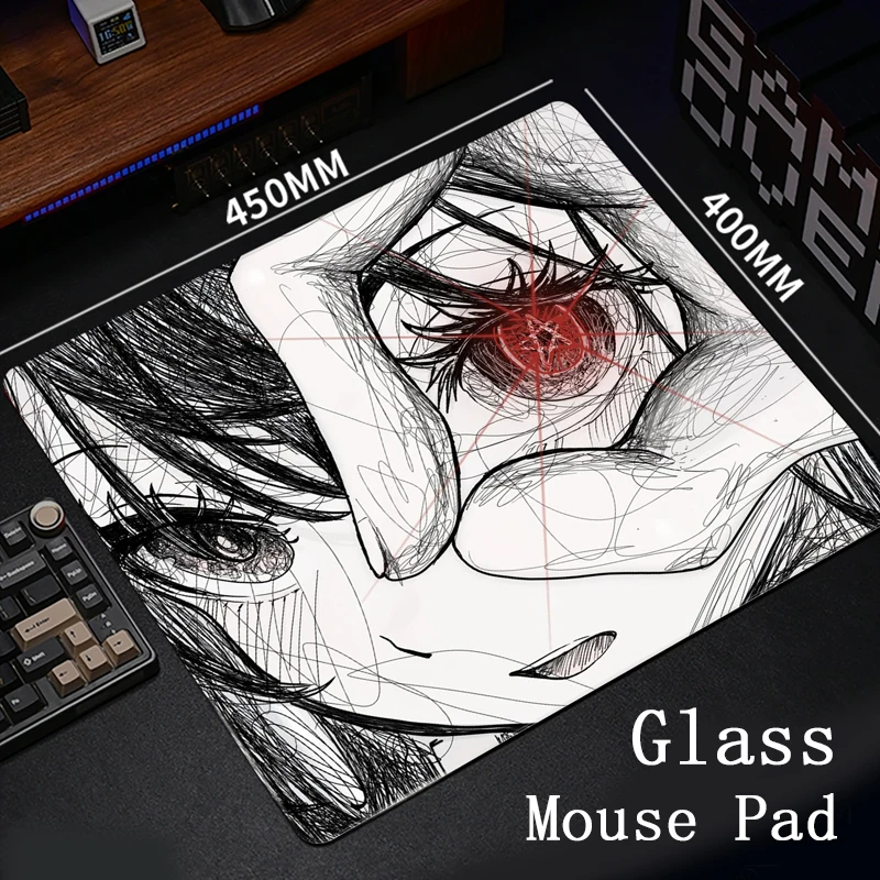 لوحة ماوس ألعاب Red Eye Girl Art Line - XXL سطح زجاجي مقوى صلب مبتكر للرياضات الإلكترونية FPS والاستخدام المكتبي