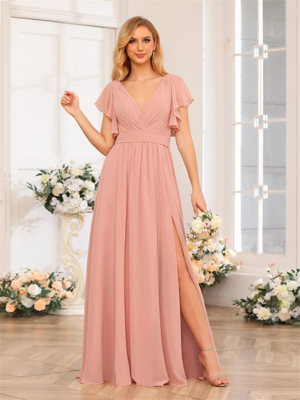 Elegante Chiffon Diepe V-Hals Bruidsmeisje Jurken Geplooid Gezwollen Split Backless A-Line Vloer-Lengte Formele Feest Avondjurken