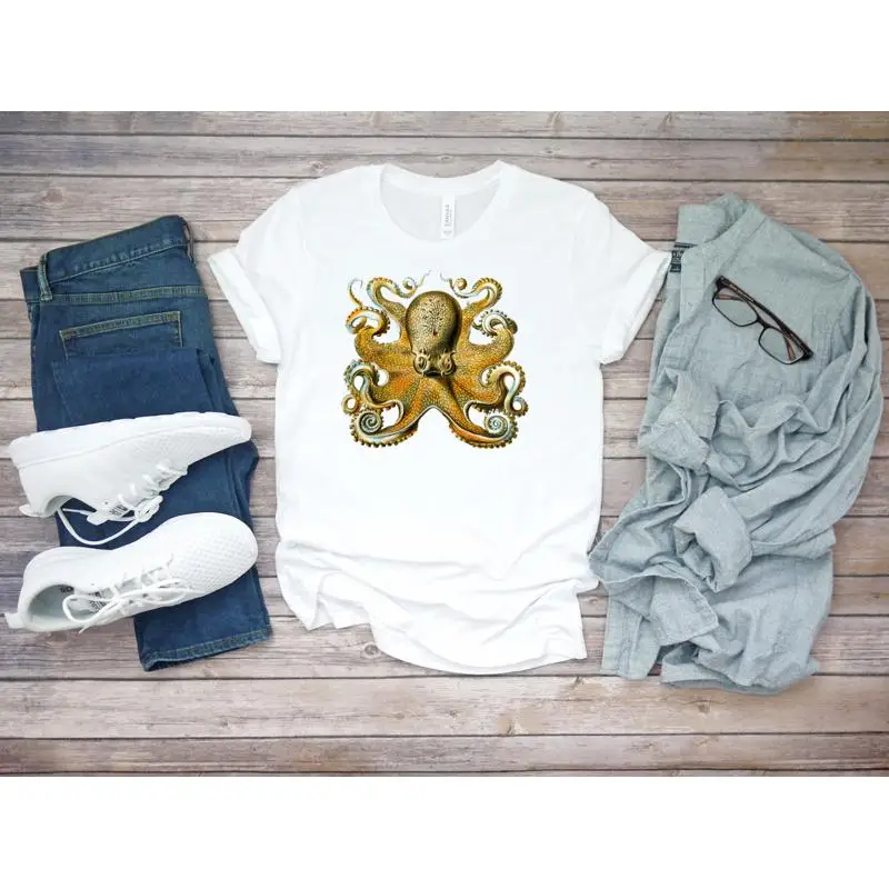 

Золотая фигурка осьминога, щупальца, рисунок, белая мужская футболка F050