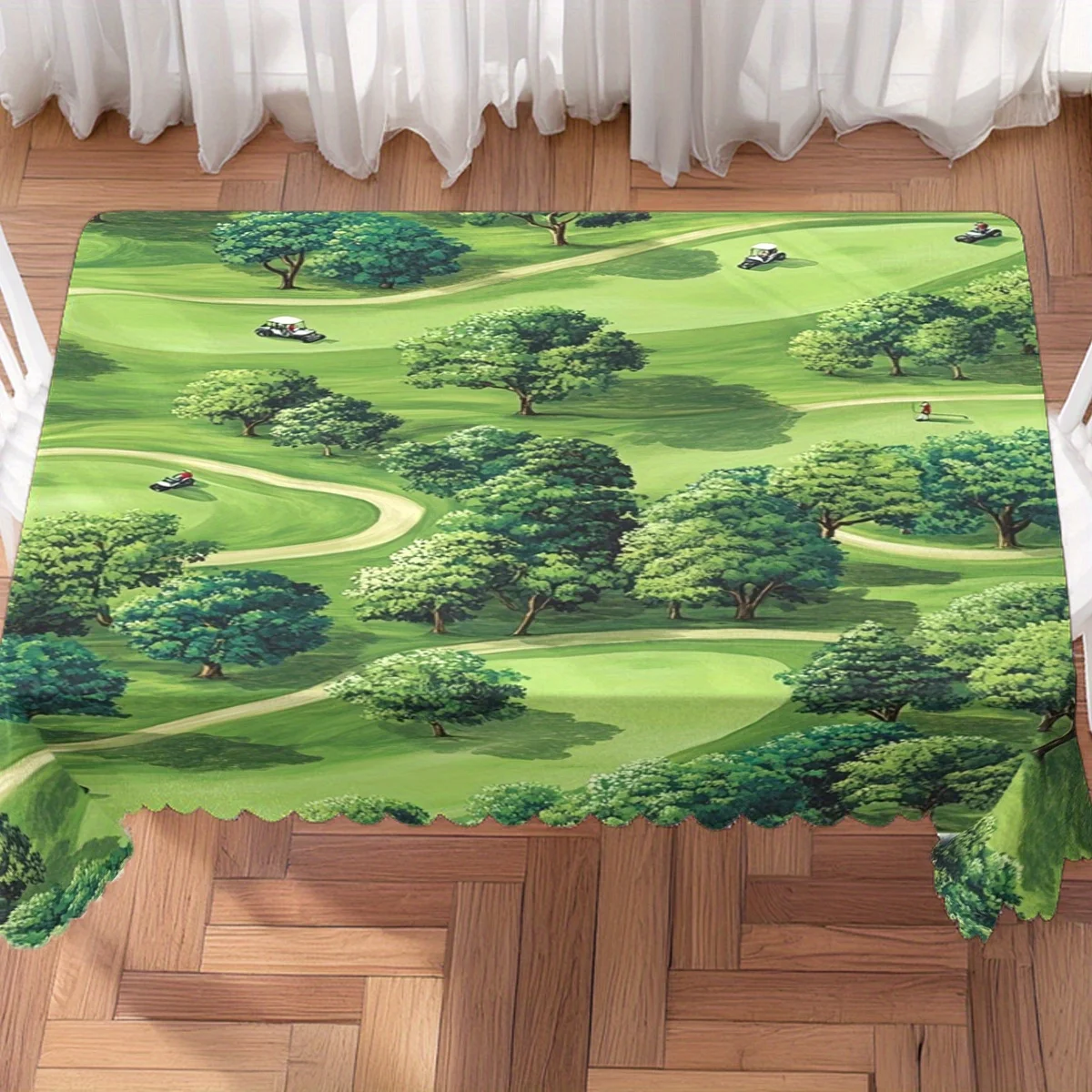 Cartoon Golf Field With Golf Carts Print Waterproof Washable Tablecloth, Rectangular Table Cover for Indoor Dining Decor