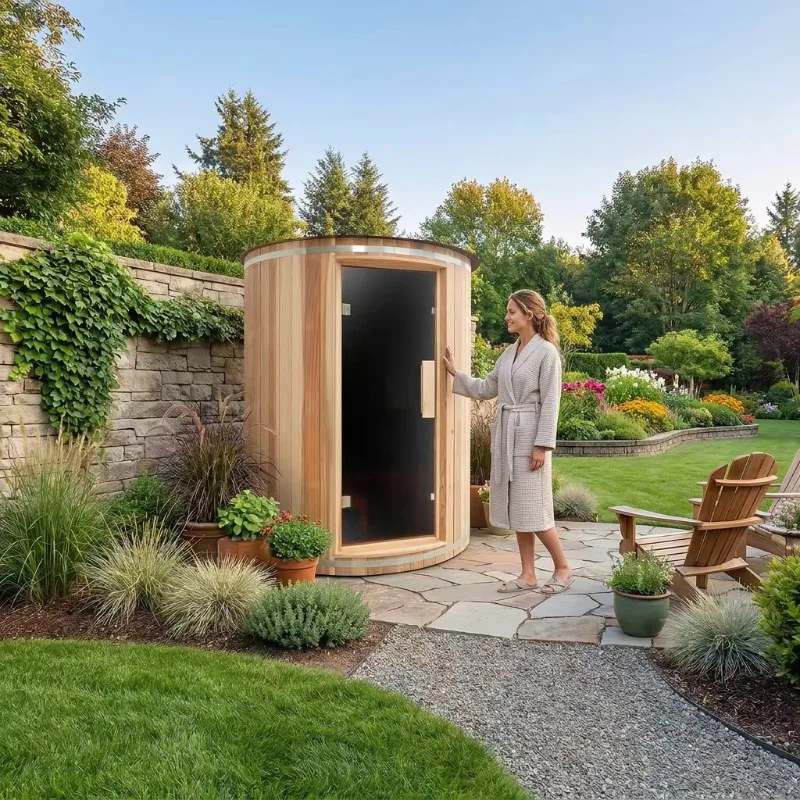 Residential & Park Barrel Sauna, Custom Eco-Friendly Solid Wood Heated Cabin for 1-4 Person Outdoor Relaxation
