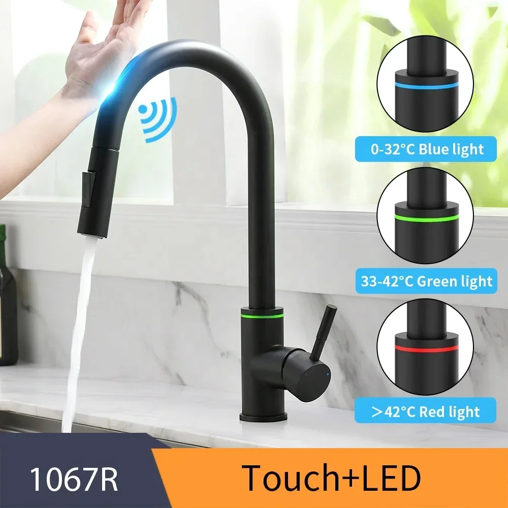 Hot sale sus304 Pull out Smart Touch Sensor Kitchen Faucet with LED 3 Way Water Saving Faucet Hot Cold Mixers Tap