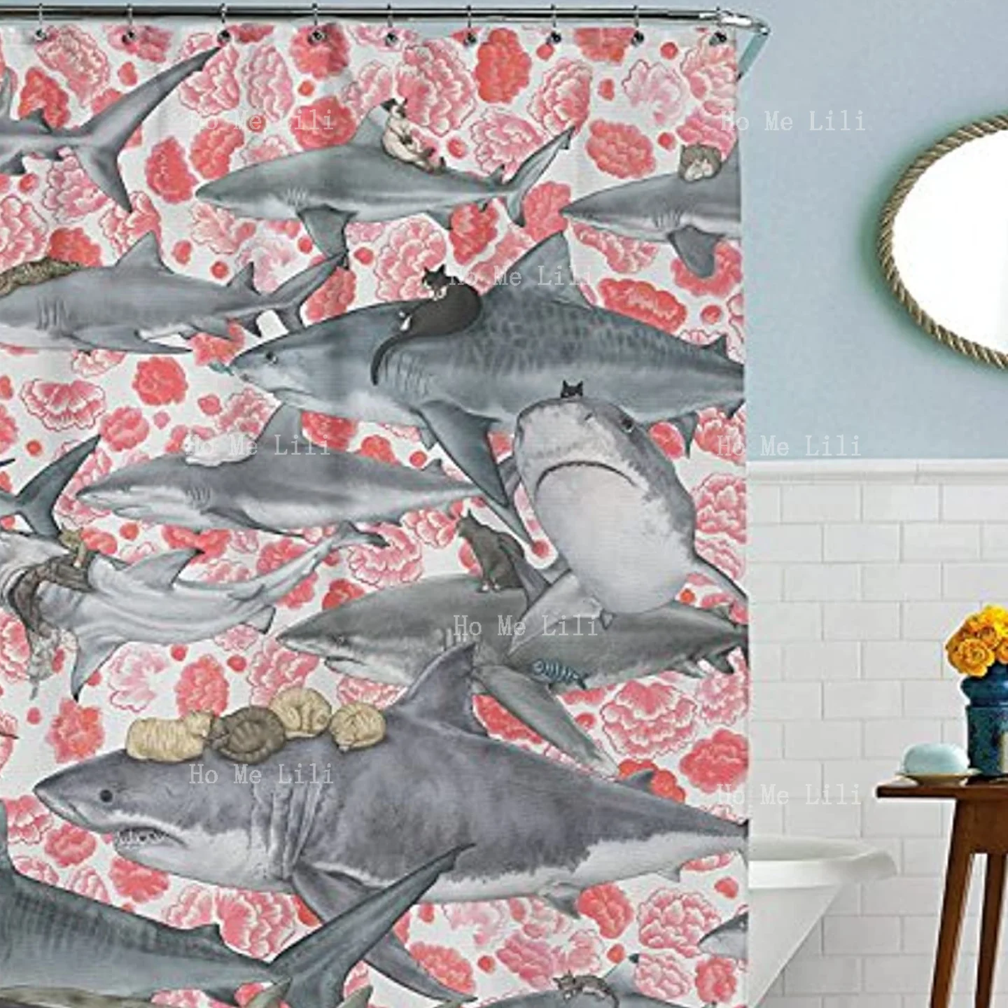 Cats Riding Sharks Shower Curtain Set Floral Pirate Bathroom Decor Cool Boho Artwork Hooks