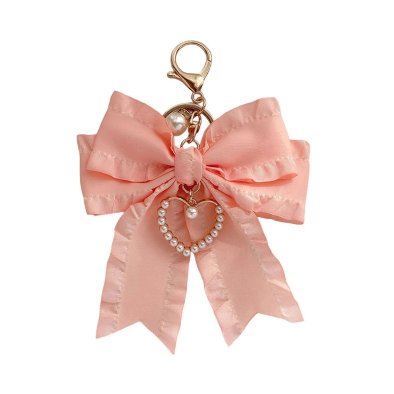 

4X7B Stylish Bowknot Keychain with Pearls Fashion Bag Charm Cuteness Purse Accessory Delicate Hanging Pendant for Key and Bag