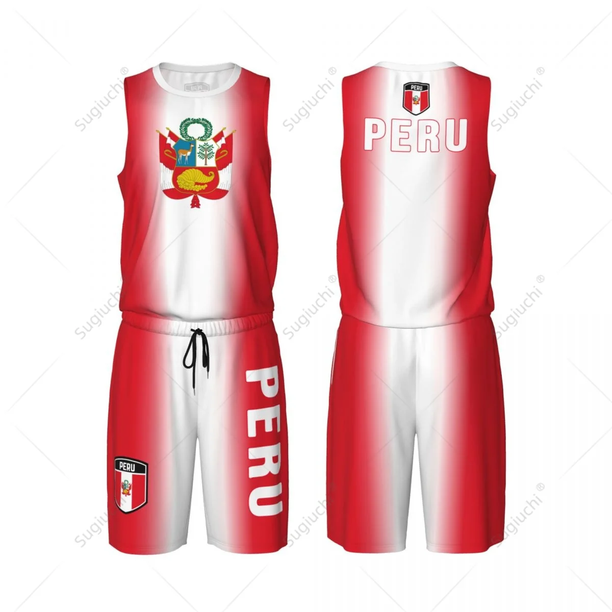 Conjunto de camiseta de baloncesto con bandera de Perú para hombre, camisa y pantalones de malla sin mangas, exclusivo, con nombre personalizado, Nunber Unisex