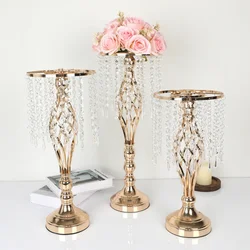 Metal ferro forjado flor stand, pendurado cristal acrílico grânulo, ouro galvanizado dispositivo, casamento tabela ornamento