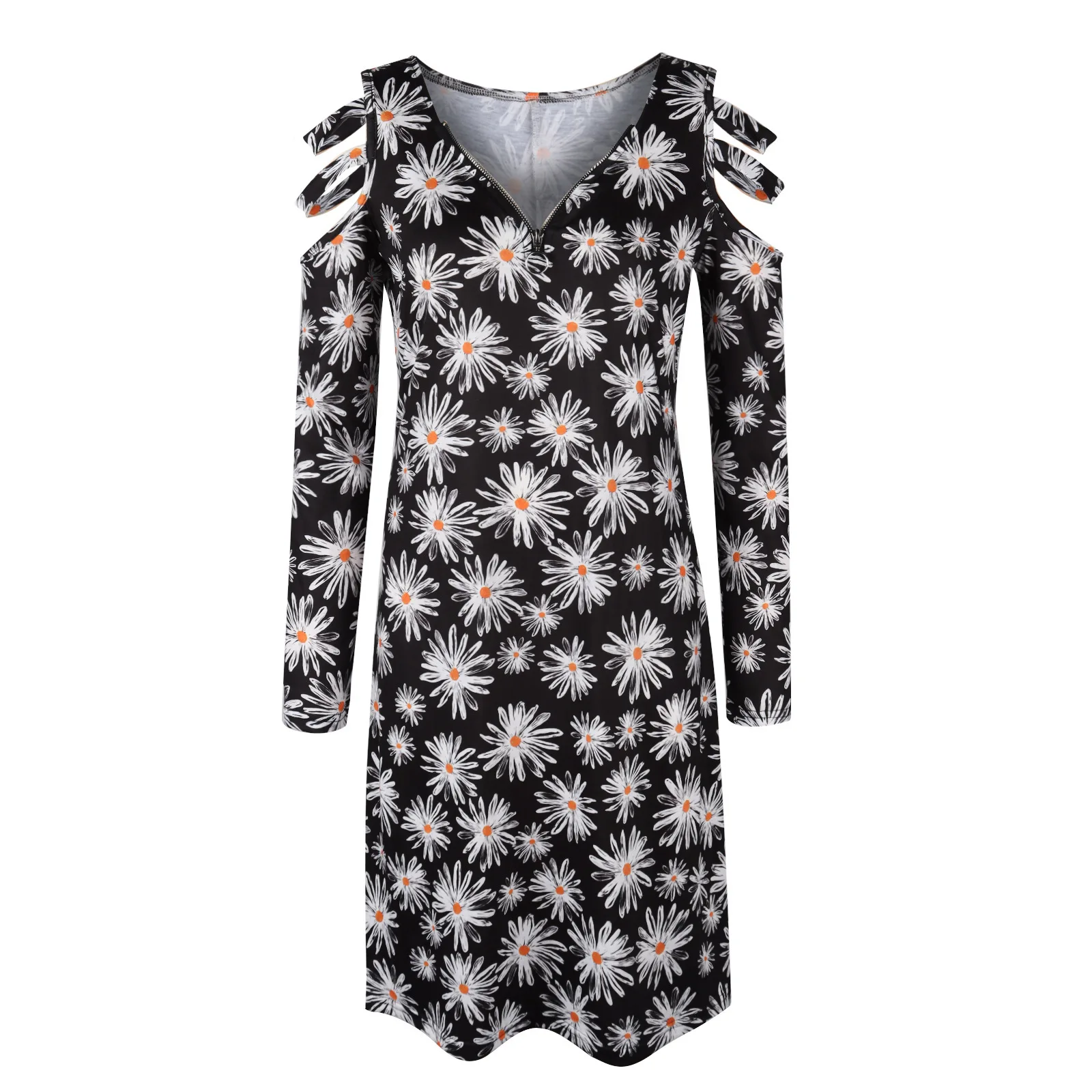 Vestido de manga larga con cuello en V para mujer, ropa holgada con cremallera, estampado Floral, informal, elegante, hasta la rodilla, otoño e invierno, 2022