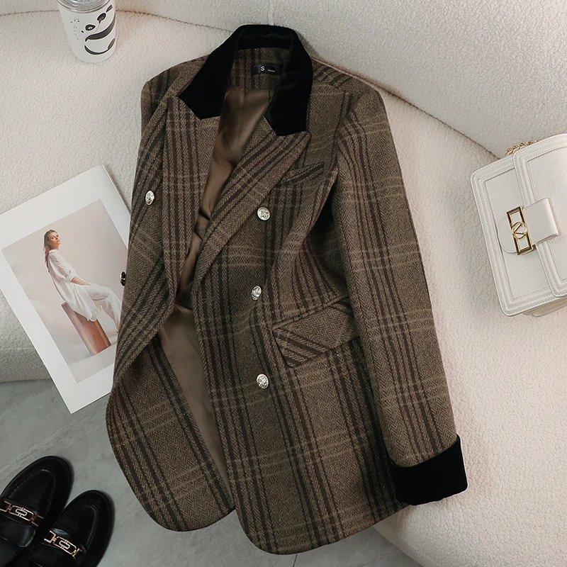 British Style Retro Plaid Blazer Women 2024 Fall Winter New Simple High-end Long-sleeved Gray Suit Jacket Luxury Tweed Jacket