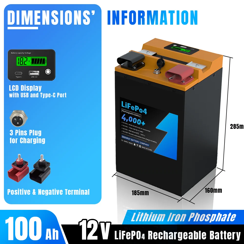 12V 100Ah Lifepo4 Battery Pack Built-in BMS Optional Bluetooth Lithium Iron Phosphate for Boat Motor RV Campers Outdoor