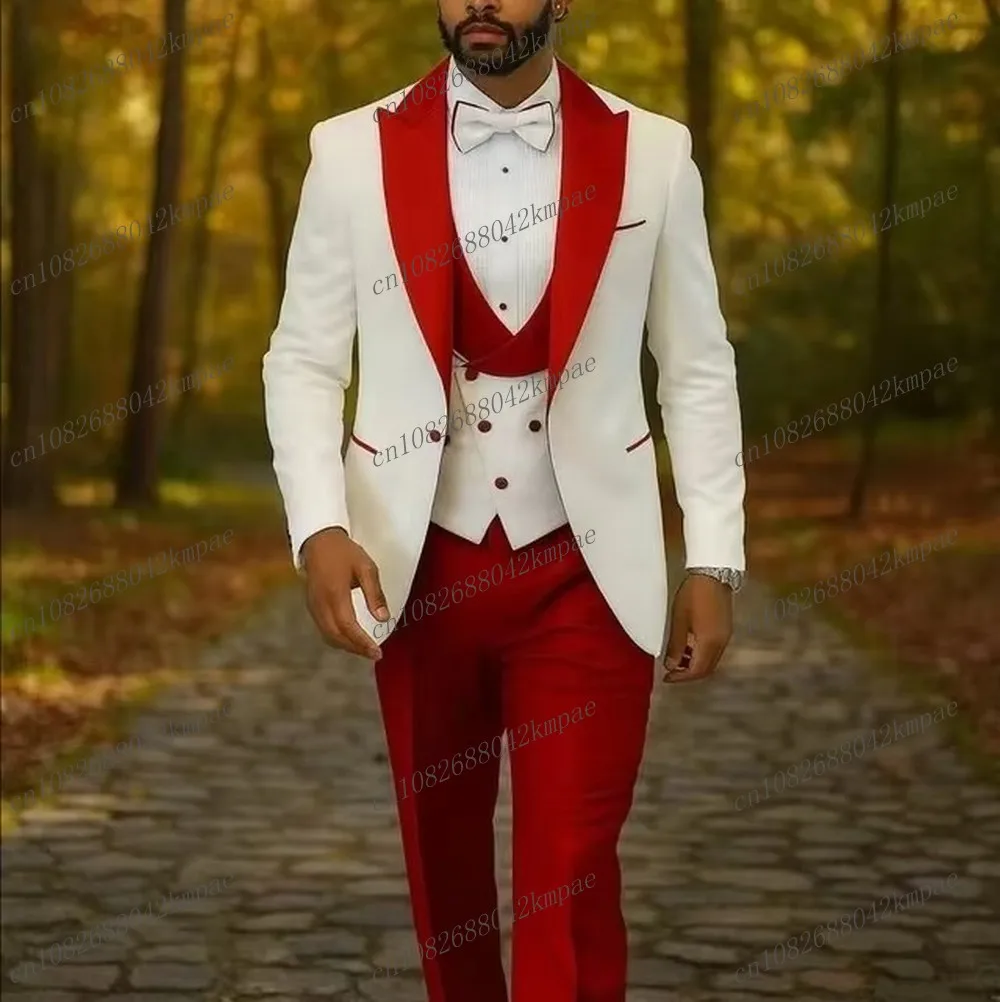 

New White And Red Formal Men Suit Groom Groomsman Wedding Party Prom Business Male Tuxedos 3 Piece Set Blazer Vest Pants