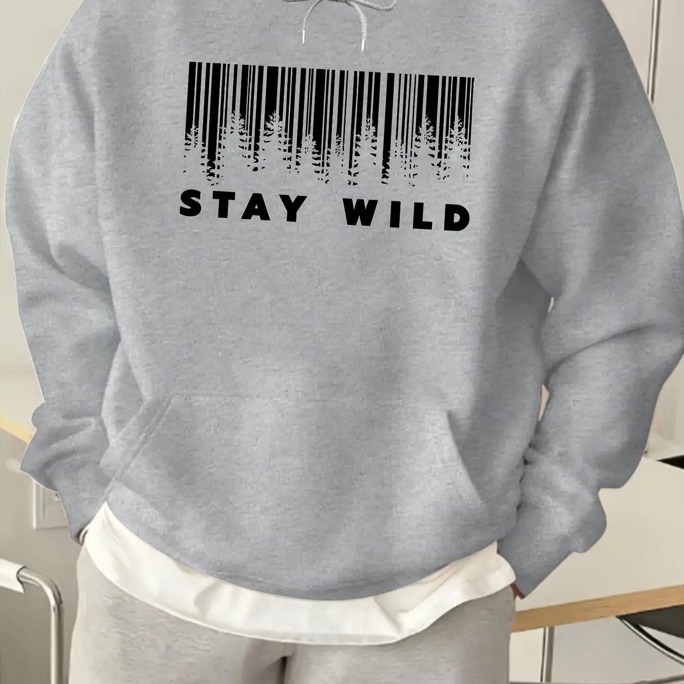 Men's Outdoor Hoodie Forest Pine Tree Barcode Graphic Front Print Oversized Pocket Pullover Sweatshirt Nature Streetwear