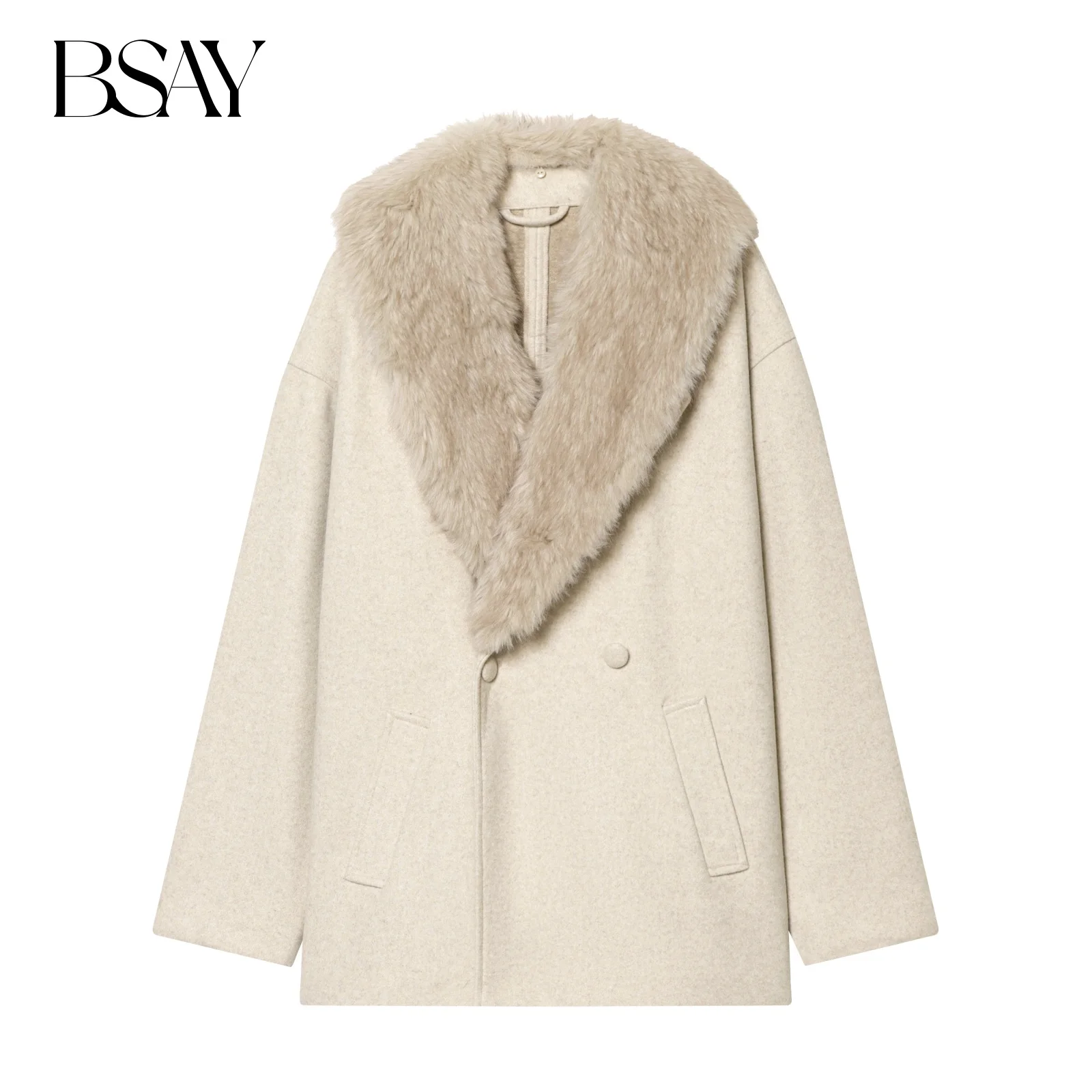 

BSAYsoft Faux Fur Effect Collar Coat for Women Fashion Autumn Winter New Solid Long Sleeved Double Breasted Coats Jacket Mujer