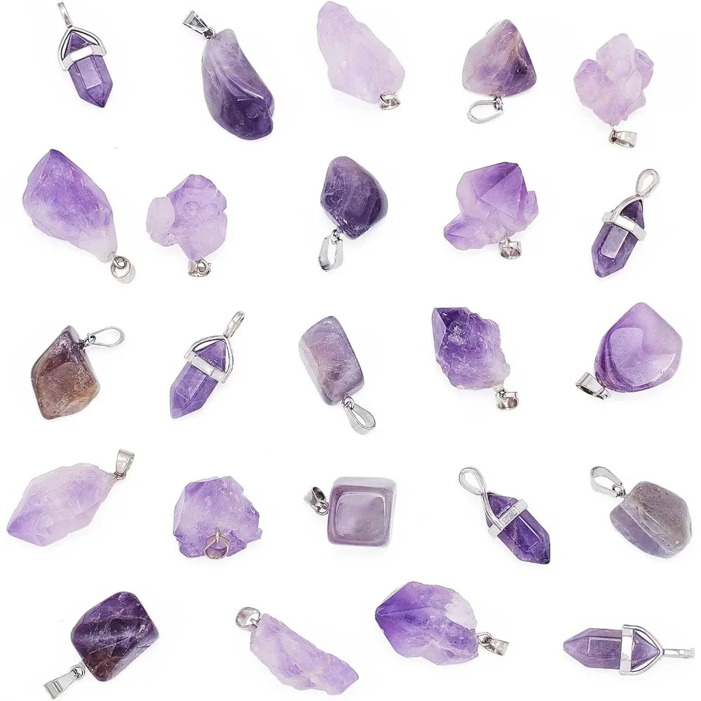 26 Pcs Natural Amethyst Pendants, Raw Amethyst Crystal Stone Charms Tumbled Crystal Chakra Reiki Gemstone Bead Charms for