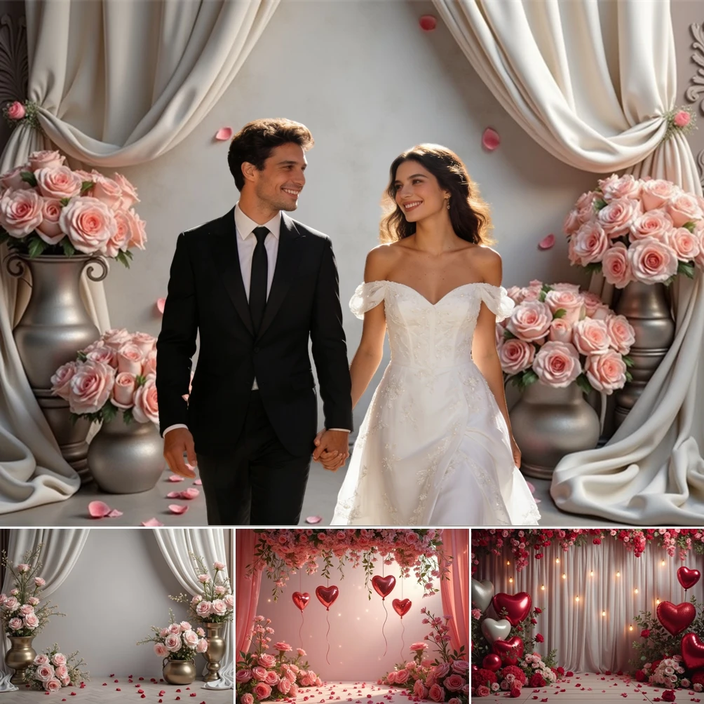 

MOON.QG Pink Valentine's Day Photozone Flower Background Poster Photographic Heart Balloon Flower Vase Backdrop Girl Portrait