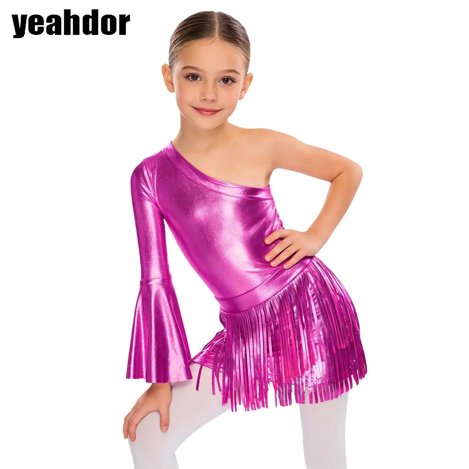 

Детский костюм для современного джаза и уличных танцев для девочек, металлический блестящий боди с длинными рукавами и юбкой с бахромой, танцевальная одежда для дискотек и хип-хопа