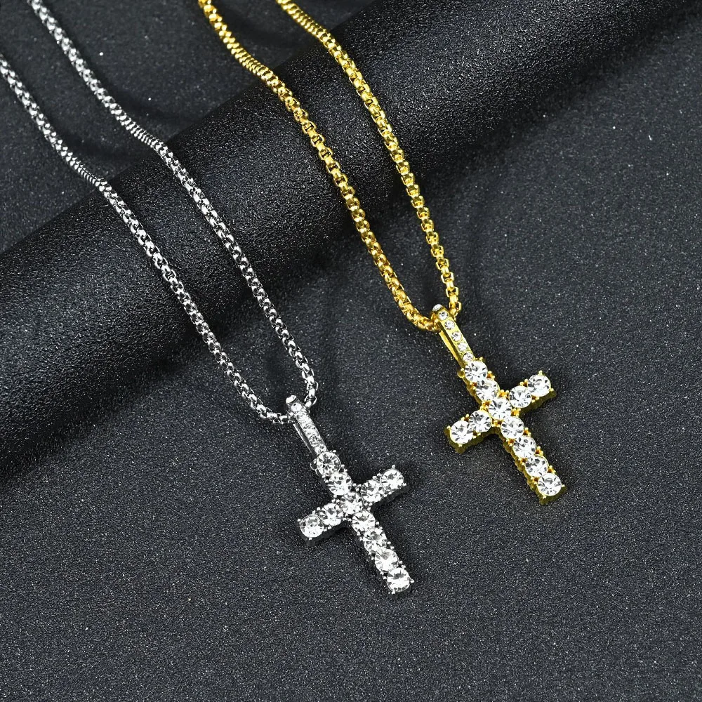 Hip Hop Gold Cross Pendant Necklace Iced Out Zircon Sweater Chain Jewelry for Men Women Stainless Steel Neck Jewelry Accessory
