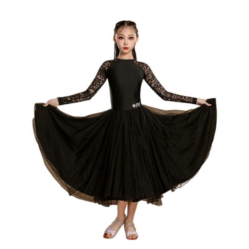 2025 ใหม่มาตรฐานแห่งชาติเต้นรําเสื้อผ้าสําหรับสาวลูกไม้สีดําบอดี้สูท Big Swing กระโปรงบอลรูมเต้นรําเครื่องแต่งกาย DN20360
