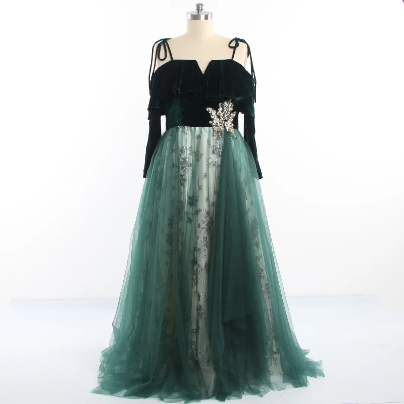 Robe de soirée en velours vert, épaules dénudées, Tulle, manches longues, ligne a, longueur au sol, paillettes, pour femmes, modèle 2022, R1261