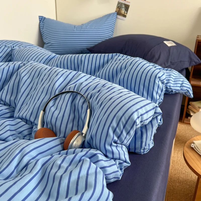 Image of Gestreiftes Bettwäsche-Set, mehrfarbig, Bettlaken-Sets, Einzel-/Queen-/King-Size-Bett, einfarbig, weiche Bettwäsche, Bettdecke, Bett-Set und Bettwäsche
