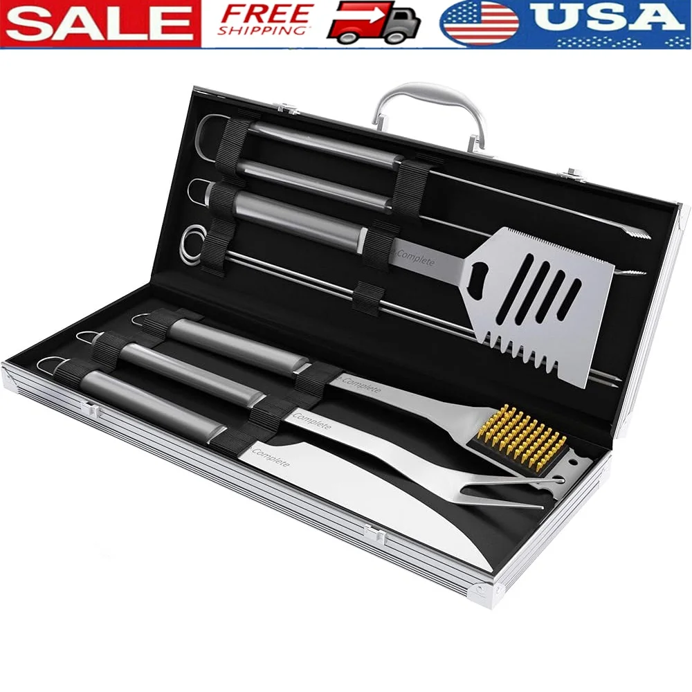 

7-Piece Stainless Steel BBQ Utensil Set with Portable Aluminum Case Heat Resistant Handles Grilling Cooking Accessories