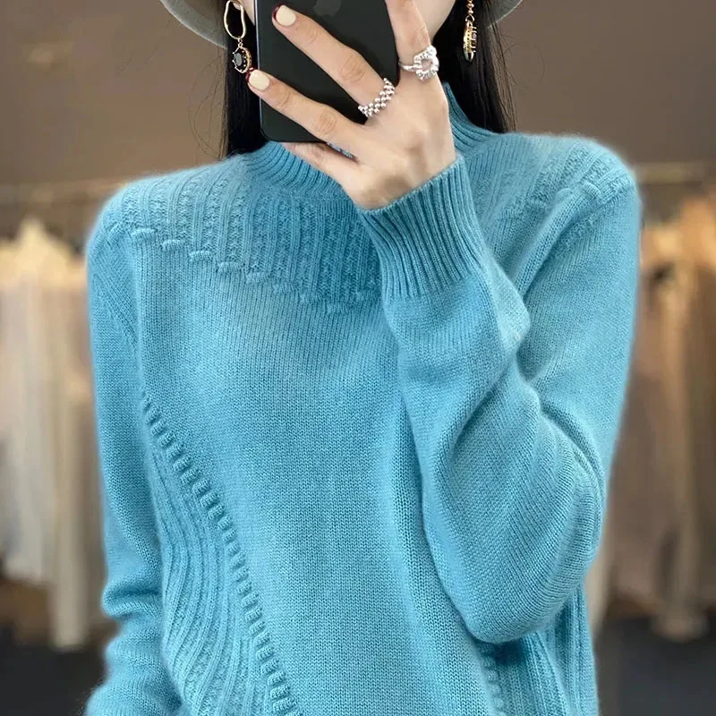 Sweater Korea wanita, pakaian rajut lengan panjang kerah setengah tinggi musim gugur musim dingin wanita warna polos rajutan