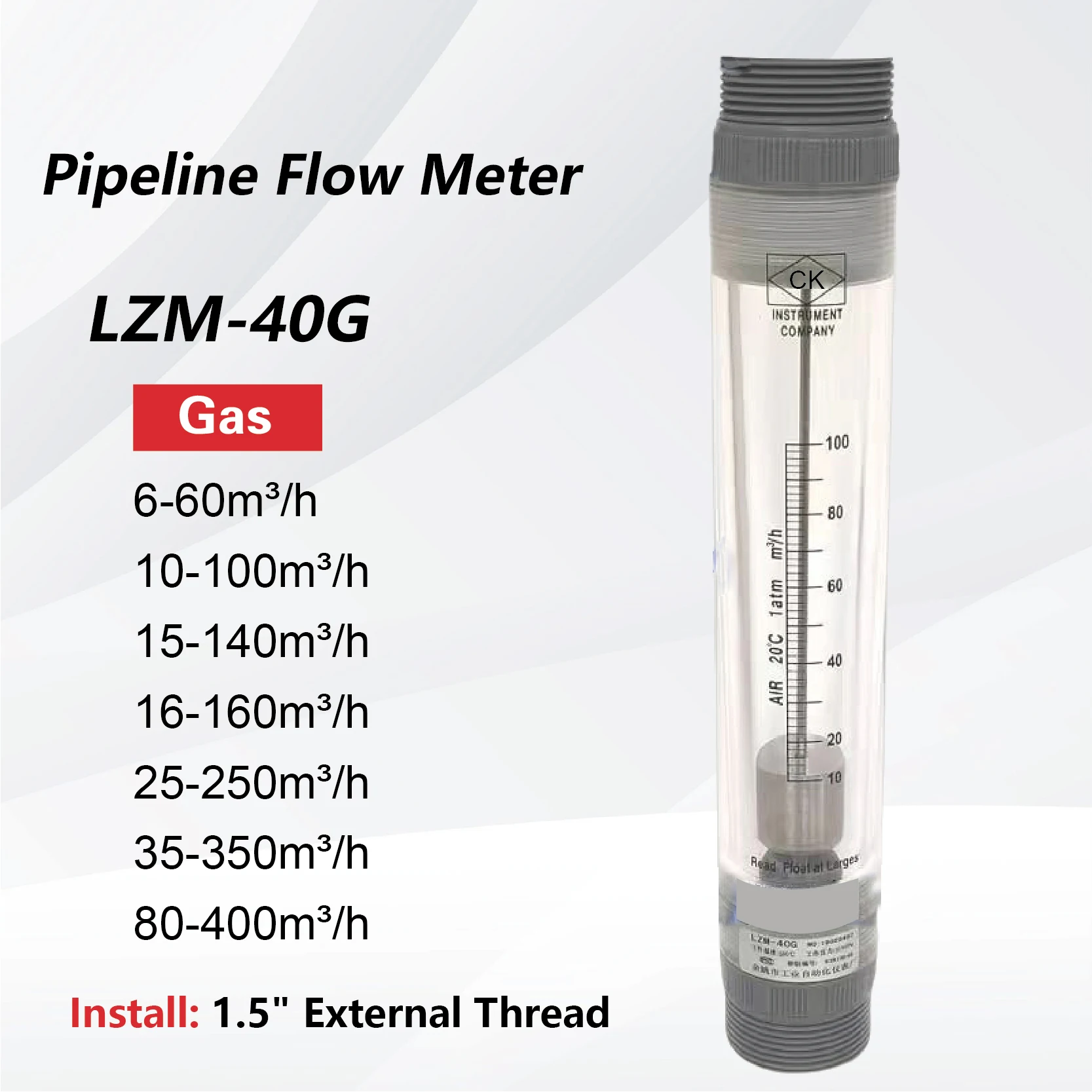 LZM-40G Pipeline Acrylic Gas Flow Meter Rotameter Compressed Air Flow Meter Industrial Variable Area Flow Indicator