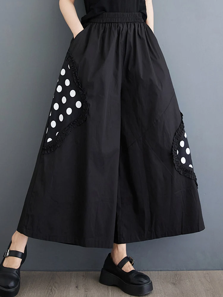 Black Vintage Polka Dot Print High Elastic Waist Wide Leg Pants Women 2024 Summer New Casual Loose Trousers Fashion Streetwear