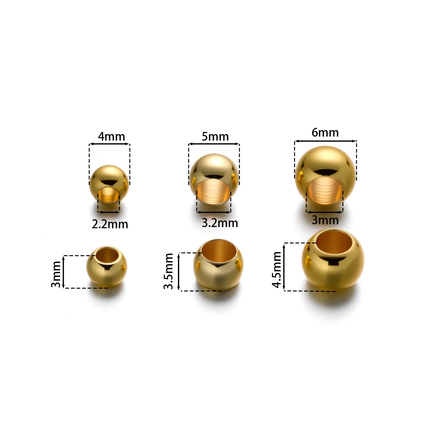 10Pcs/Pack 4/5/6mm 14/18K Gold Color Plated Big Hole Beads for Handmade DIY Necklace Bracelets Jewelry Making Accessories