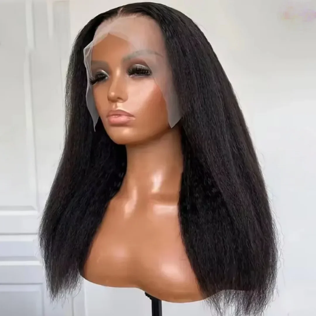 

Мягкий длинный натуральный черный парик с эффектом Yaki, 24 дюйма, с кружевной передней частью, для женщин, с синтетическими предварительно выщипанными прядями и без клея, с детской прядью из искусственных волос, для повседневного использования