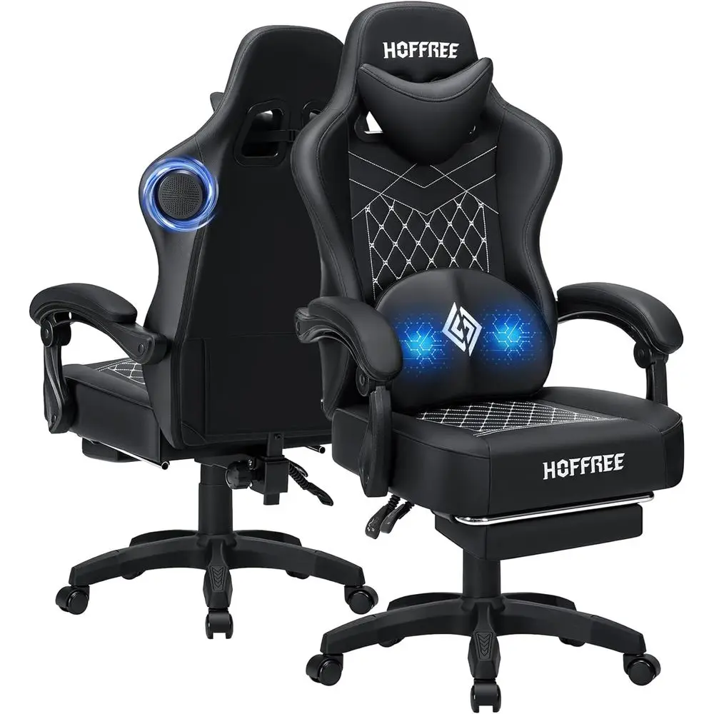 Black Ergonomic Reclining Bluetooth Gaming Chair with Massage and Footrest for Adults