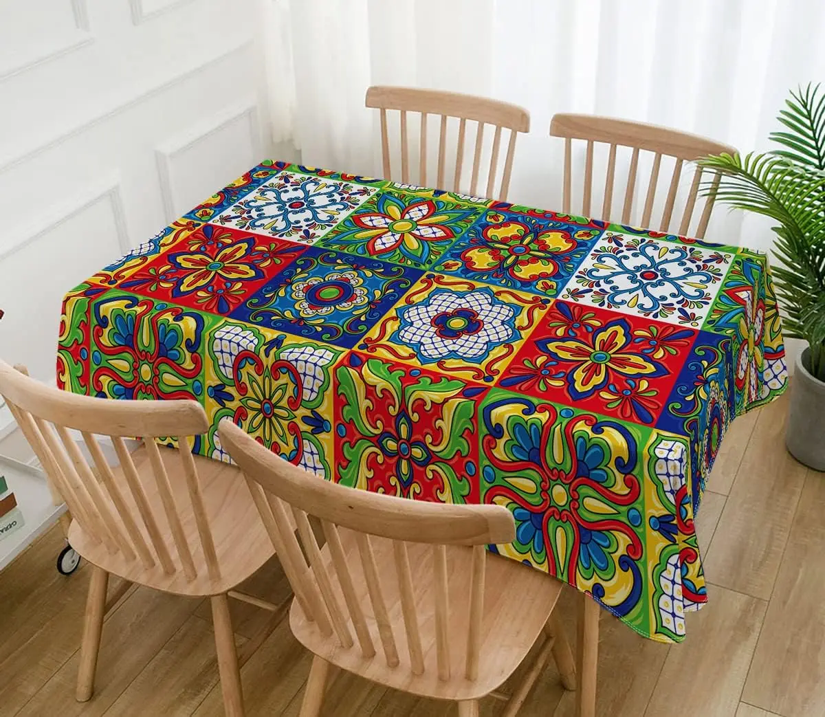 Mexican Talavera Ceramic Tile Rectangle Tablecloth Holiday Party Decorations Reusable Waterproof Tablecloth Kitchen Table Decor