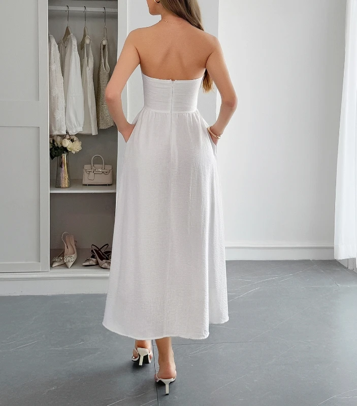 

Women's Dress Summer 2025 New Vacation Style Strapless Waist Tied Long Dress Solid Color Simple Casual Retro Elegant Dress