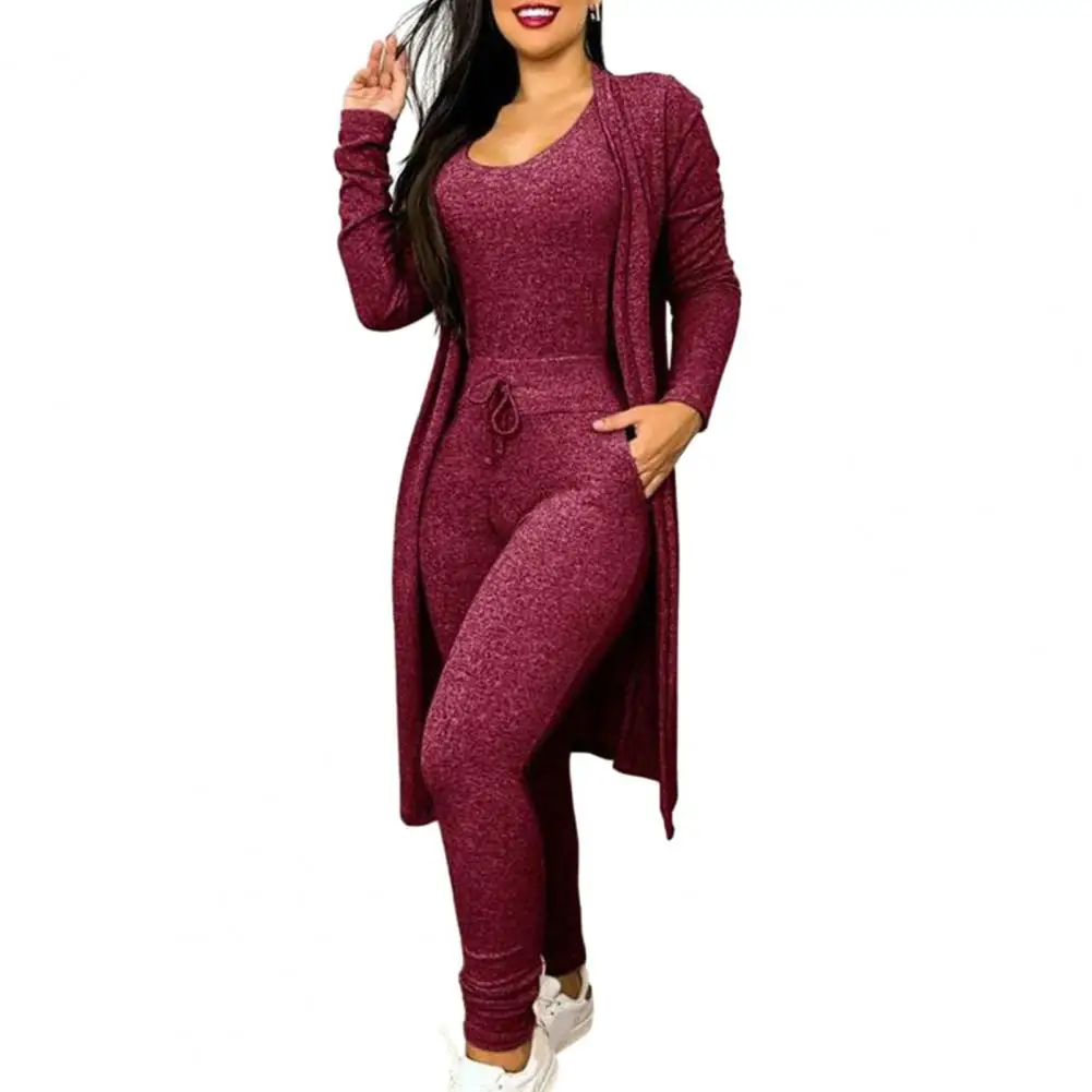 2 Stks/set Pak Dames Jumpsuit Jas Set U Nek Elastisch Trekkoord Slim Fit Hoge Taille Zakken Trainingspak Sportkleding