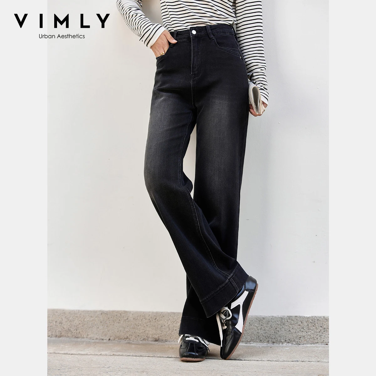VIMLY Women's Black Pants Loose Vintage Clothing Baggy Jeans Autumn 2025 New Elegant Bleached Wash Button Trousers Ladies 75179