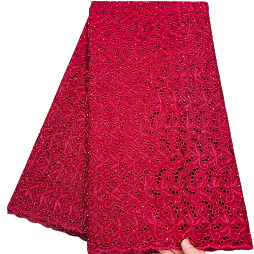 

Red African Hollow Out Cotton Dry Dubai Lace Fabric High Quality 2024 Swiss Voile Lace Nigerian Stones Lace Fabric For Dress Sew