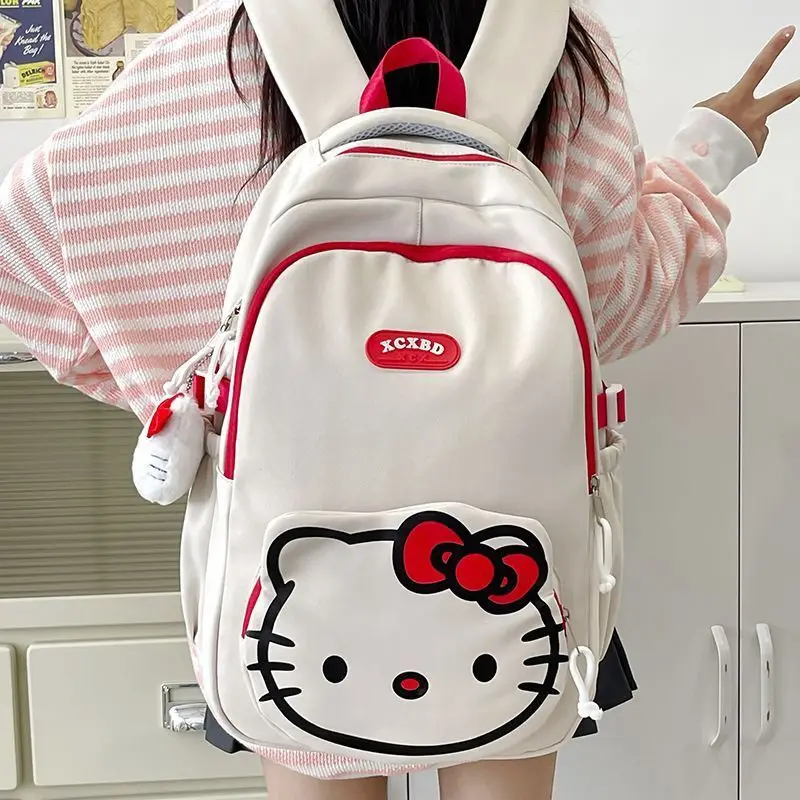 Hello Kitty Sanrio Backpack With Pendant KT Cute Daypack Cartoon Schoolbag Bag Girl Casual Travel Commute Knapsack For Student