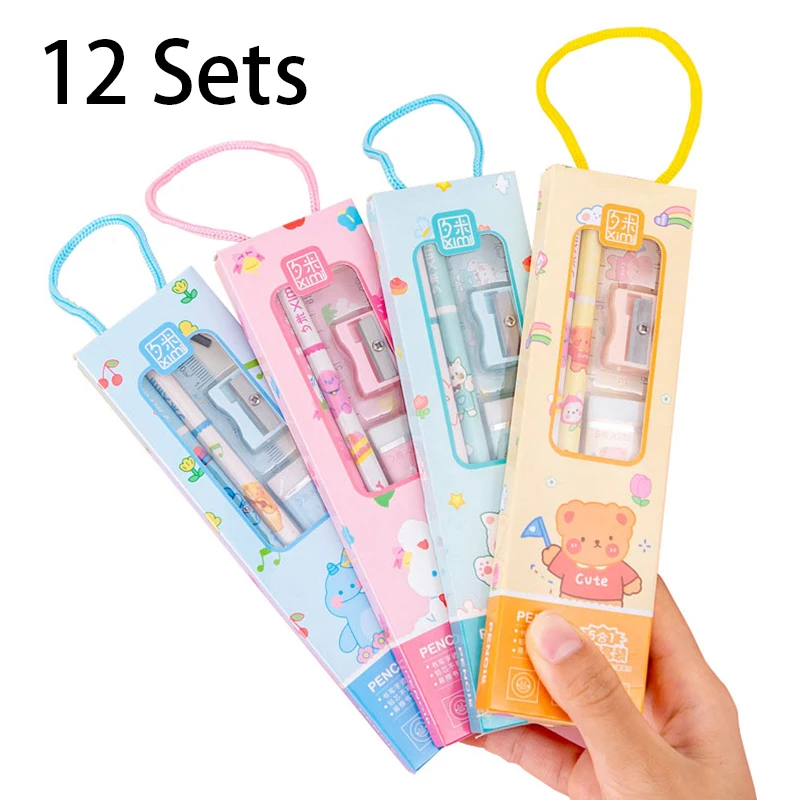 12Sets Kids Stationery Cute Cartoon Ruler Eraser Sharpener Pencil School Set