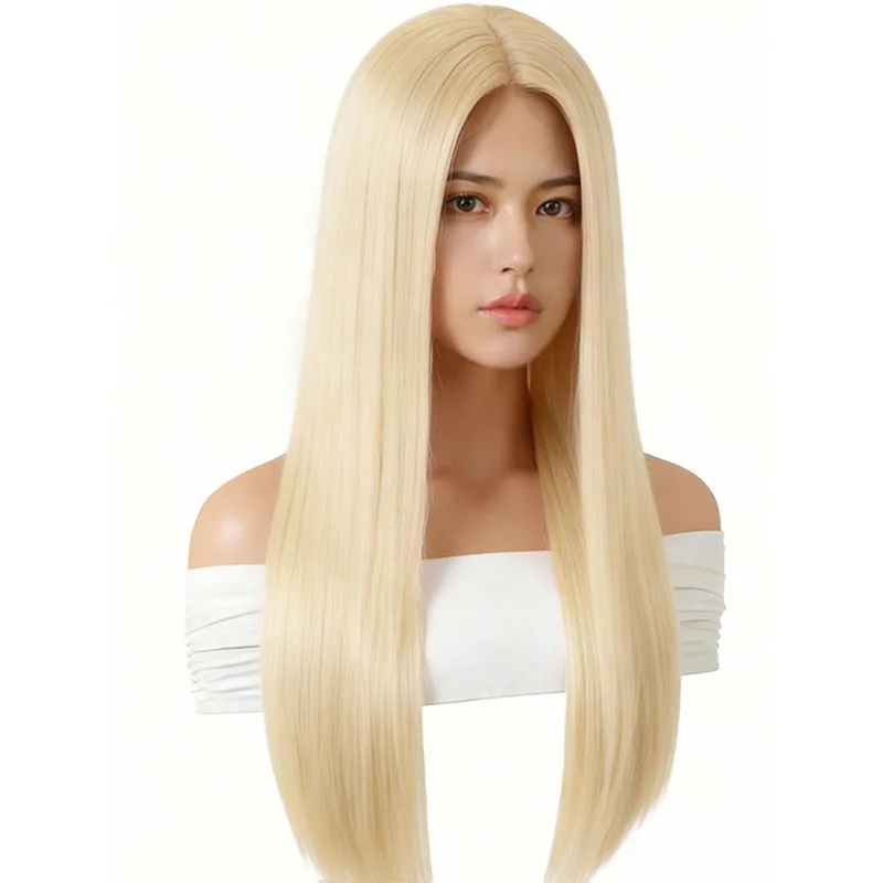 28 inch women's gold synthetic wig with no bangs, versatile design, smooth and easy to maintain, suitable for all women to wear