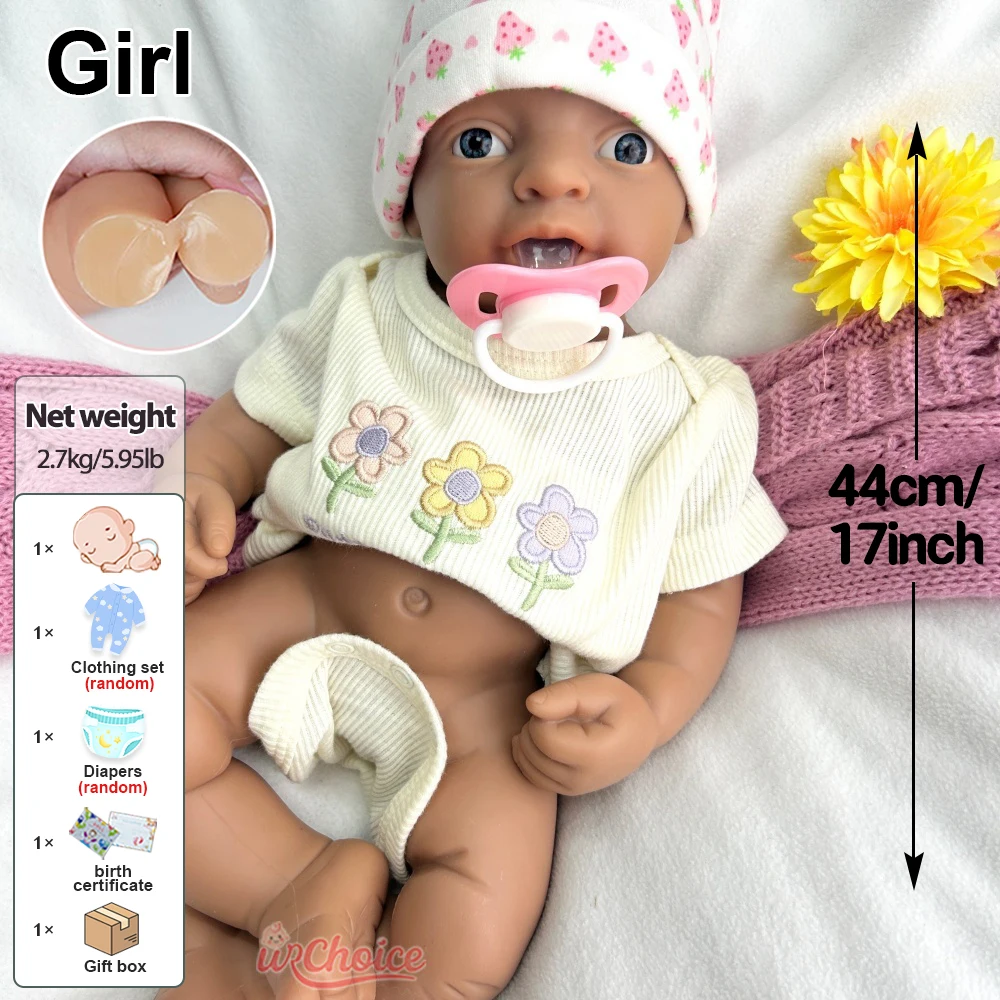 44 cm non verniciato pelle scura ponderata in silicone rinato bambina corpo morbido realistica bambola neonato impermeabile per genitori in attesa