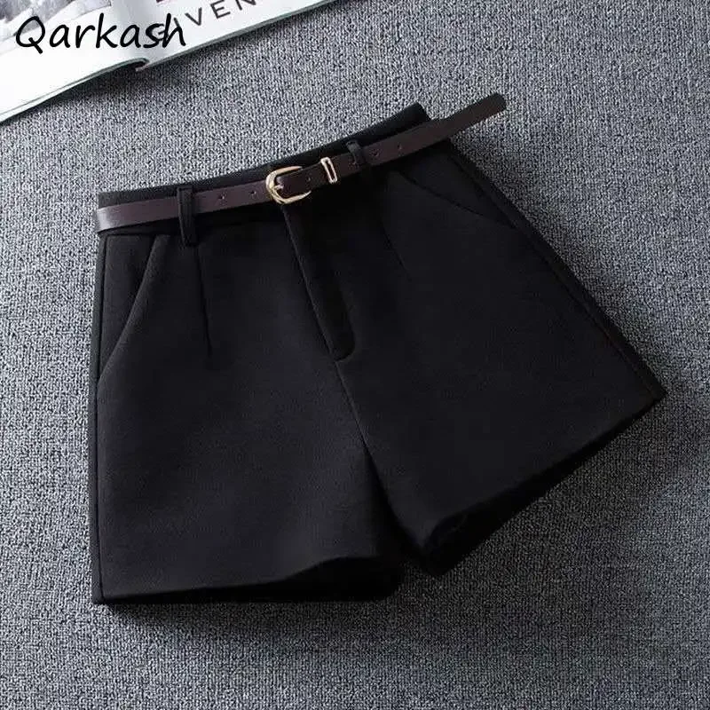 Shorts Women Black New Winter Woolen Soft Warm Gentle Office Lady Basic Temper Vintage All-match Bottoms Wide Leg Korean Fashion