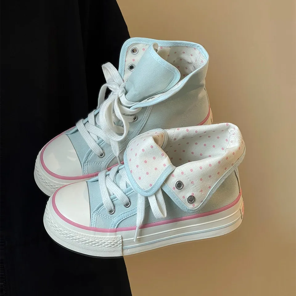 New Pastel Blue Flip Cuff High Top Canvas Sneakers Fold Collar Canvas Shoes Women 2026 Pink Polka Dot Lining Platform Sneakers