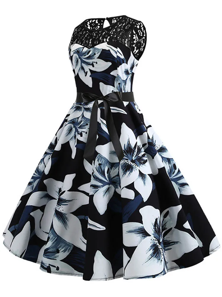 Lace Patchwork Floral Print Women Summer Dress Hepburn 50s 60s Elegant Vintage Dress Office Ladies A-Line Party Dresses Belt