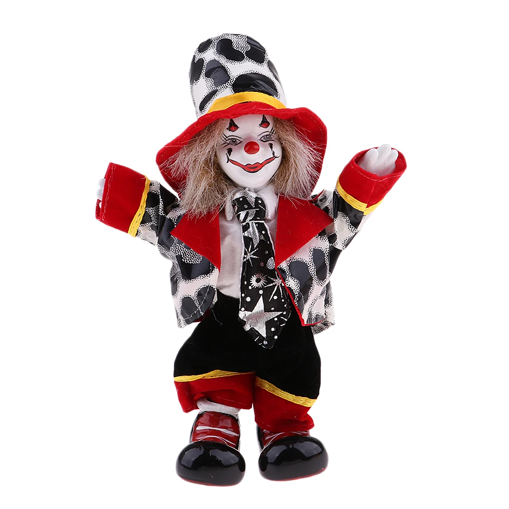 7 Inch Porcelain Smiling Clown Doll Wearing Colorful Outfits Funny Harlequin Doll Props Halloween Decor